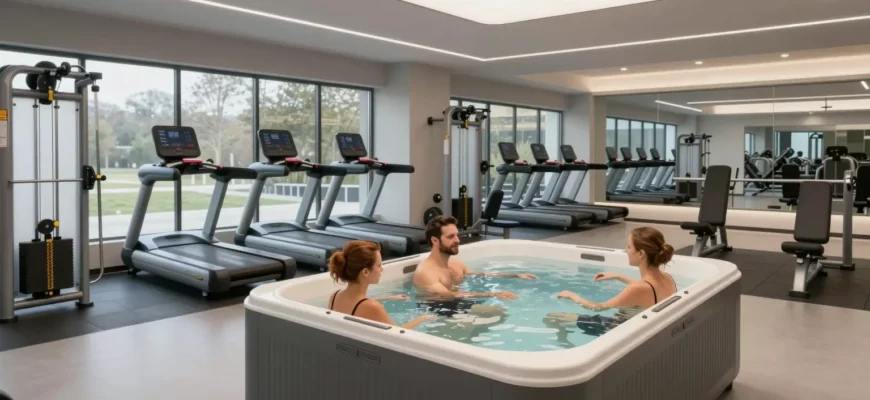 A modern gym interior with a cold plunge tub area, featuring a sleek and clean design. The gym should have various fitness equipment in the background, such as treadmills, weight machines, and free weights. The cold plunge tub should be prominently displayed with people using it, showcasing the benefits of cold therapy. The overall atmosphere should be inviting and professional, with good lighting and a sense of spaciousness.