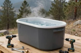A photorealistic scene of a sturdy Grizzly 450 cold plunge tub set outdoors on a wooden deck, surrounded by construction tools like a drill, wrench, and pipe fittings, with clear icy water inside the tub, steam rising gently, and a rugged natural background of pine trees and mountains, emphasizing the building process and the cold plunge's robust design