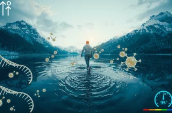 A realistic scene of a person stepping into a crystal-clear icy lake surrounded by frosty mountains, with visible cold water ripples and subtle scientific visualizations like floating DNA helix strands, microscopic cell structures, and a subtle temperature gauge overlay, all blended naturally into the environment to illustrate the biological impact of cold plunging