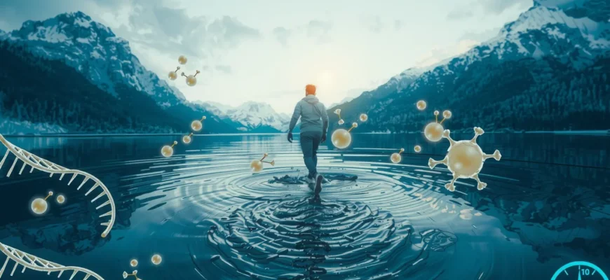 A realistic scene of a person stepping into a crystal-clear icy lake surrounded by frosty mountains, with visible cold water ripples and subtle scientific visualizations like floating DNA helix strands, microscopic cell structures, and a subtle temperature gauge overlay, all blended naturally into the environment to illustrate the biological impact of cold plunging
