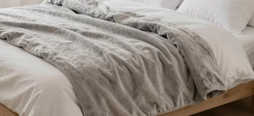 A cozy bedroom scene featuring a plush weighted blanket draped over a comfortable bed, with soft lighting and a sense of calm and relaxation.