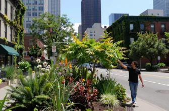 A vibrant, lush scene of Portland's urban streets overgrown with native plants, trees, and wildlife, featuring a mix of city architecture and natural elements. In the foreground, a person named Beyo (or a symbolic representation) is walking or interacting with the environment, perhaps touching a tree or feeding a bird. The background shows a skyline with buildings partially covered in vines and greenery, with a clear sky. The composition balances urban and wild, highlighting the theme of rewilding.