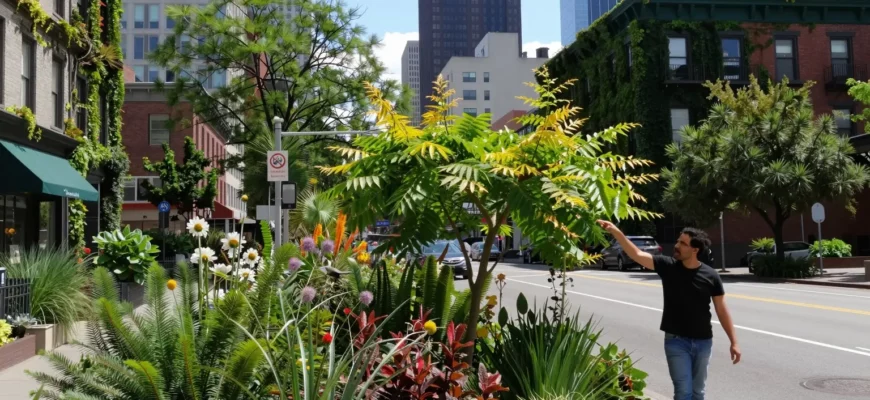 A vibrant, lush scene of Portland's urban streets overgrown with native plants, trees, and wildlife, featuring a mix of city architecture and natural elements. In the foreground, a person named Beyo (or a symbolic representation) is walking or interacting with the environment, perhaps touching a tree or feeding a bird. The background shows a skyline with buildings partially covered in vines and greenery, with a clear sky. The composition balances urban and wild, highlighting the theme of rewilding.