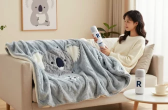 A cozy bedroom scene featuring a plush koala weighted blanket draped over a comfortable sofa, with a stylish Top-R product displayed on a nearby table or hanging on a wall. A relaxed adult is seated on the sofa, holding the Top-R product while looking at the blanket, conveying the idea of choosing the perfect match. The setting is warm and inviting, with soft lighting, a small plant, and a window with curtains. No text or logos should appear.