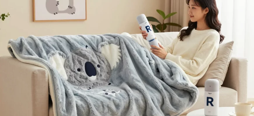 A cozy bedroom scene featuring a plush koala weighted blanket draped over a comfortable sofa, with a stylish Top-R product displayed on a nearby table or hanging on a wall. A relaxed adult is seated on the sofa, holding the Top-R product while looking at the blanket, conveying the idea of choosing the perfect match. The setting is warm and inviting, with soft lighting, a small plant, and a window with curtains. No text or logos should appear.