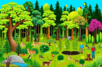 A vibrant, lush forest scene showing a diverse array of native plants, trees, and wildlife such as deer, birds, and insects, with a small group of conservation workers planting saplings, all set in a natural, unspoiled environment