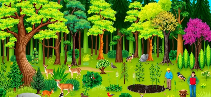 A vibrant, lush forest scene showing a diverse array of native plants, trees, and wildlife such as deer, birds, and insects, with a small group of conservation workers planting saplings, all set in a natural, unspoiled environment