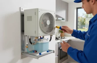 A detailed, photorealistic scene of a water chiller unit installed in a residential kitchen. The chiller is mounted on a wall, with its control panel, coolant lines, and a small water reservoir visible. A technician in a blue jumpsuit is attaching the unit, holding a wrench and a pipe connector. The background shows a modern kitchen with stainless steel appliances, a countertop, and a window overlooking a garden. The lighting is bright and natural, emphasizing the metal surfaces and the technician’s tools.