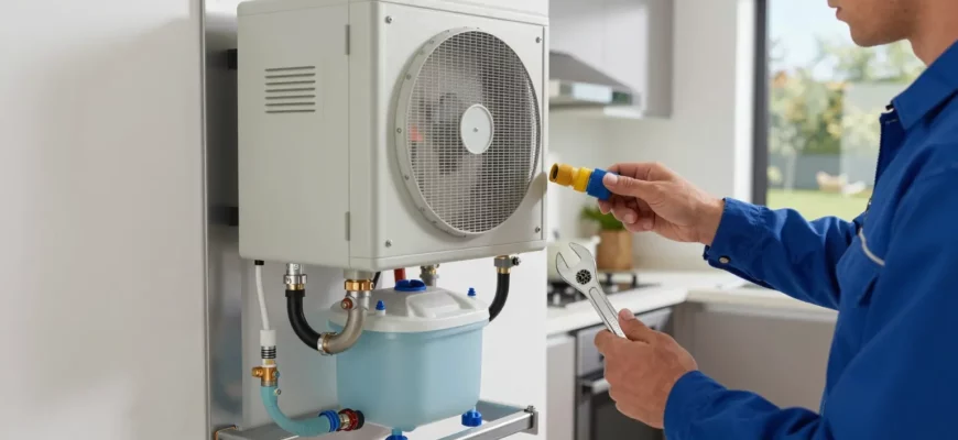A detailed, photorealistic scene of a water chiller unit installed in a residential kitchen. The chiller is mounted on a wall, with its control panel, coolant lines, and a small water reservoir visible. A technician in a blue jumpsuit is attaching the unit, holding a wrench and a pipe connector. The background shows a modern kitchen with stainless steel appliances, a countertop, and a window overlooking a garden. The lighting is bright and natural, emphasizing the metal surfaces and the technician’s tools.