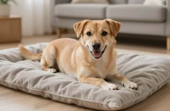 A calm, happy medium-sized dog lying comfortably on a soft weighted blanket in a cozy living room setting, with gentle natural lighting highlighting the blanket's texture and the dog's relaxed posture, conveying safety and comfort for pets
