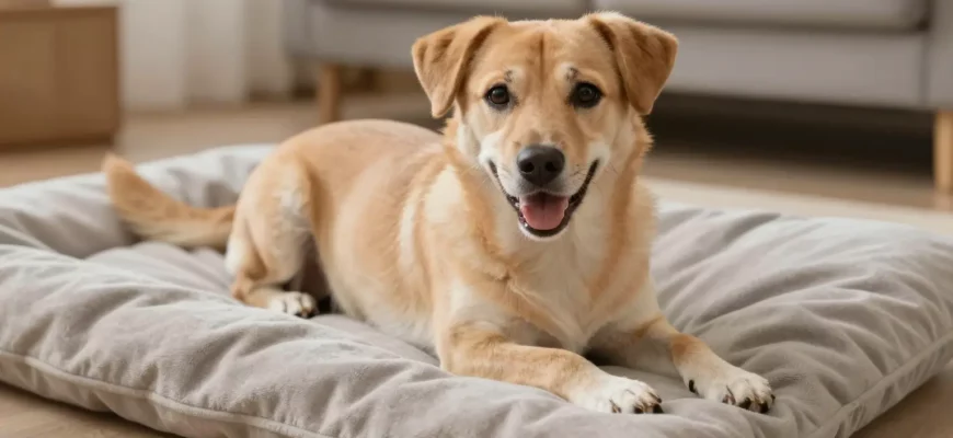 A calm, happy medium-sized dog lying comfortably on a soft weighted blanket in a cozy living room setting, with gentle natural lighting highlighting the blanket's texture and the dog's relaxed posture, conveying safety and comfort for pets