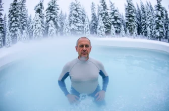 A person standing in a clear, icy cold plunge pool surrounded by snow-covered trees, with visible breath condensation in the cold air, wearing a light wetsuit, looking calm and focused.