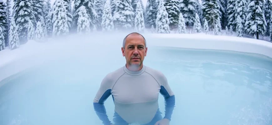 A person standing in a clear, icy cold plunge pool surrounded by snow-covered trees, with visible breath condensation in the cold air, wearing a light wetsuit, looking calm and focused.