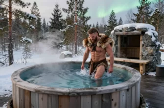 A serene Nordic-inspired outdoor setting featuring a wooden Viking-style cold plunge pool filled with crystal-clear icy water, surrounded by snow-dusted pine trees and a subtle mist. A muscular figure in traditional Viking attire, with a fur cloak draped over a wooden bench, is stepping into the cold water, while a nearby stone sauna emits gentle steam, illustrating the contrast therapy concept of hot and cold. The scene is bathed in soft, natural daylight with a hint of the northern lights in the sky.