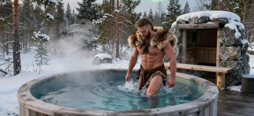 A serene Nordic-inspired outdoor setting featuring a wooden Viking-style cold plunge pool filled with crystal-clear icy water, surrounded by snow-dusted pine trees and a subtle mist. A muscular figure in traditional Viking attire, with a fur cloak draped over a wooden bench, is stepping into the cold water, while a nearby stone sauna emits gentle steam, illustrating the contrast therapy concept of hot and cold. The scene is bathed in soft, natural daylight with a hint of the northern lights in the sky.