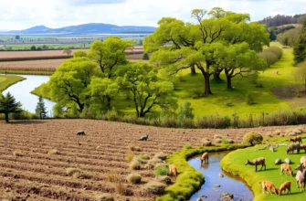 A vibrant, realistic UK landscape showing a transition from a degraded, barren field to a thriving, rewilded ecosystem. The foreground features a patch of scrubbed land with a few scattered trees and a small, clear stream. In the middle ground, a lush forest of oak and birch with diverse wildlife—deer grazing, foxes, hedgehogs, and a flock of birds perched on branches. The background shows rolling hills, a wetland area with reeds, and a distant river. The scene conveys renewal, biodiversity, and resilience, with natural light highlighting the contrast between the two zones.