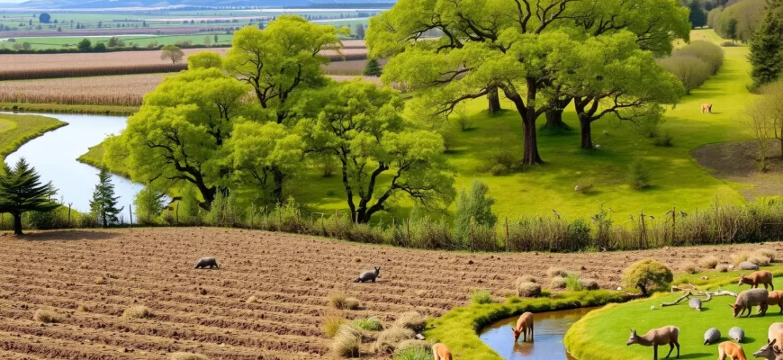 A vibrant, realistic UK landscape showing a transition from a degraded, barren field to a thriving, rewilded ecosystem. The foreground features a patch of scrubbed land with a few scattered trees and a small, clear stream. In the middle ground, a lush forest of oak and birch with diverse wildlife—deer grazing, foxes, hedgehogs, and a flock of birds perched on branches. The background shows rolling hills, a wetland area with reeds, and a distant river. The scene conveys renewal, biodiversity, and resilience, with natural light highlighting the contrast between the two zones.