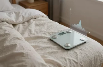 A person lying on a weighted blanket in a cozy bedroom, a digital scale beside them showing weight, a subtle chart or graph overlay indicating recommended weight percentages, soft ambient lighting, no text or lettering visible
