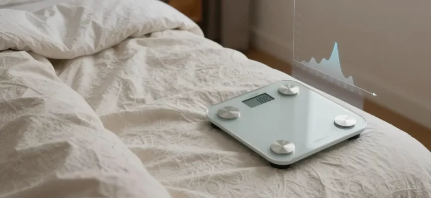 A person lying on a weighted blanket in a cozy bedroom, a digital scale beside them showing weight, a subtle chart or graph overlay indicating recommended weight percentages, soft ambient lighting, no text or lettering visible