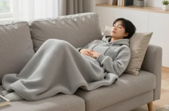 A cozy, modern living room scene featuring a person relaxing on a sofa wearing a weighted blanket hoodie, with soft lighting and a calm atmosphere
