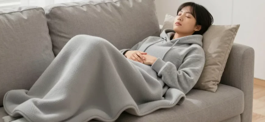 A cozy, modern living room scene featuring a person relaxing on a sofa wearing a weighted blanket hoodie, with soft lighting and a calm atmosphere