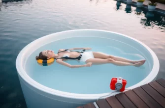 A serene, high-resolution scene of a modern cold plunge pool set in a tranquil outdoor setting. A person, wearing a simple white swimsuit, is gently floating in the clear, icy water, surrounded by a safety harness and a small floating buoy. Nearby, a stainless steel thermometer displays a low temperature, and a compact first-aid kit is placed on a wooden dock. The background shows a calm lake or pool area with soft, natural lighting, subtle reflections on the water surface, and a few potted plants for a touch of greenery. The composition balances the sense of coolness and safety, emphasizing the benefits and precautions of cold plunges without any text or symbols.
