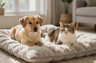A calm dog and a relaxed cat lying side by side on a soft, plush weighted blanket in a cozy living room setting, with gentle natural light streaming through a nearby window, highlighting the blanket's texture and the pets' comfortable expressions