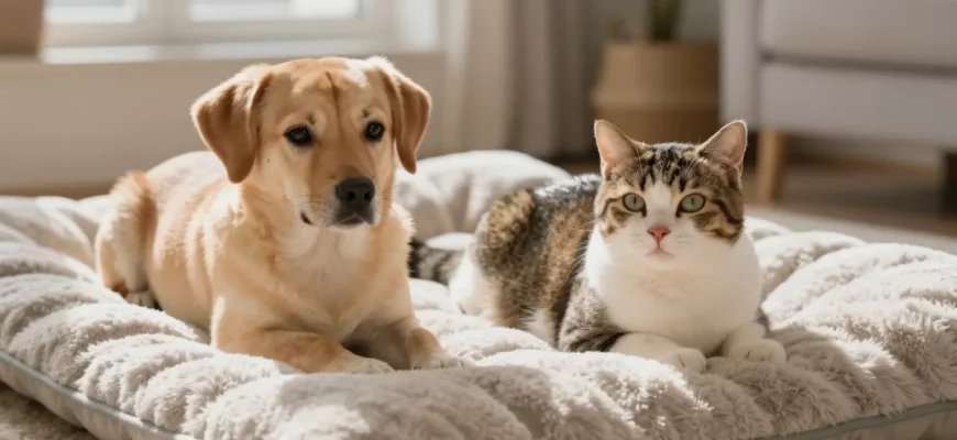 A calm dog and a relaxed cat lying side by side on a soft, plush weighted blanket in a cozy living room setting, with gentle natural light streaming through a nearby window, highlighting the blanket's texture and the pets' comfortable expressions