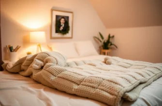 A cozy bedroom interior featuring a soft, plush weighted blanket draped over a comfortable bed, with warm ambient lighting, a small potted plant, and a calm, inviting atmosphere