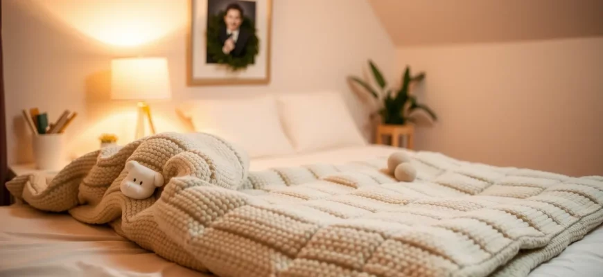 A cozy bedroom interior featuring a soft, plush weighted blanket draped over a comfortable bed, with warm ambient lighting, a small potted plant, and a calm, inviting atmosphere