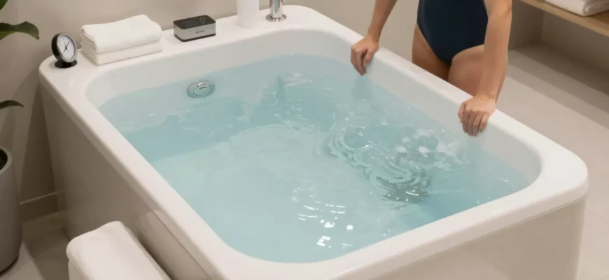 A well-organized cold plunge setup in a modern spa or gym environment. The setup includes a large, clean, and inviting cold plunge tub filled with clear, icy water. Surrounding the tub are various accessories such as towels, a timer, a thermometer, and a step stool for easy entry and exit. The area is well-lit with natural light and has a minimalist, professional design with neutral colors. A person is seen preparing to enter the tub, dressed in appropriate swimwear.