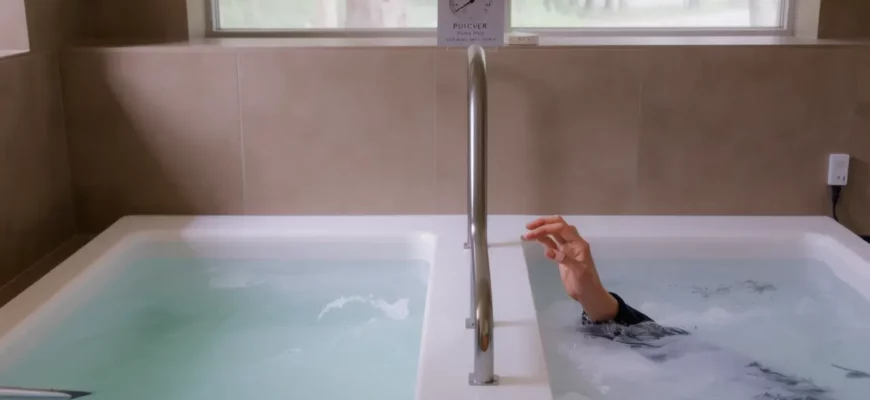A modern dual hot and cold plunge pool setup, side by side, with clear water, a thermometer indicating temperatures, a person stepping into the cold side, surrounded by a spa-like environment, no text or signage