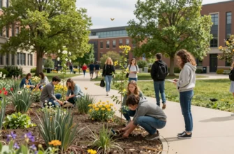 A vibrant, rewilded university campus scene: a wide, sunlit quad filled with native trees, flowering shrubs, and a small pond. Students in casual attire are planting saplings and observing wildlife such as birds, squirrels, and butterflies. The background shows a mix of modern campus buildings subtly integrated into the natural setting, with pathways lined by grass and wildflowers. The overall atmosphere is peaceful, green, and inviting, emphasizing the harmony between education and nature.