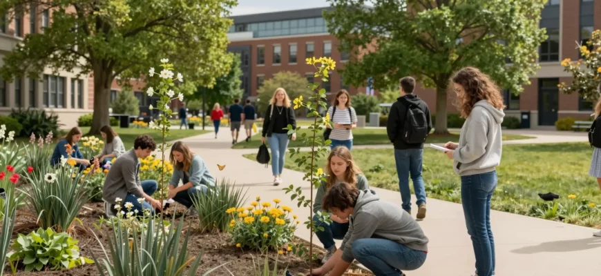 A vibrant, rewilded university campus scene: a wide, sunlit quad filled with native trees, flowering shrubs, and a small pond. Students in casual attire are planting saplings and observing wildlife such as birds, squirrels, and butterflies. The background shows a mix of modern campus buildings subtly integrated into the natural setting, with pathways lined by grass and wildflowers. The overall atmosphere is peaceful, green, and inviting, emphasizing the harmony between education and nature.