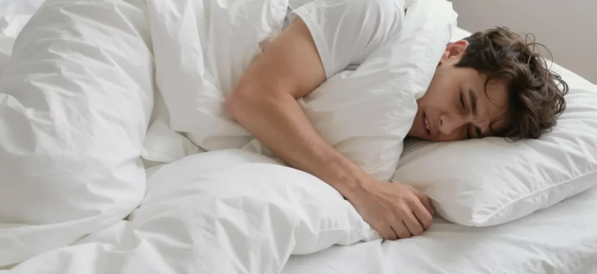 A person lying on a bed with a weighted blanket, looking uncomfortable or struggling, the blanket appearing heavy and slightly tangled, no text or symbols