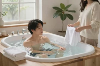 A cozy home bathroom with a small, clear cold plunge tub filled with icy water, surrounded by towels, a wooden counter, and a small plant. A person in a light sweater is standing beside the tub, holding a towel, looking at the water. The scene is bright, with natural light from a window, creating a calm, inviting atmosphere.
