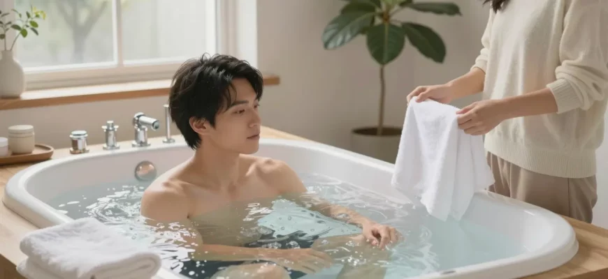 A cozy home bathroom with a small, clear cold plunge tub filled with icy water, surrounded by towels, a wooden counter, and a small plant. A person in a light sweater is standing beside the tub, holding a towel, looking at the water. The scene is bright, with natural light from a window, creating a calm, inviting atmosphere.