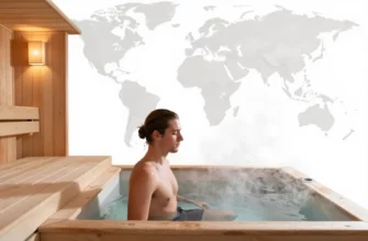 A person standing in a traditional wooden sauna with steam, then stepping into a cold plunge pool, with a subtle globe or world map background indicating global reach, all in a balanced composition, no text or symbols