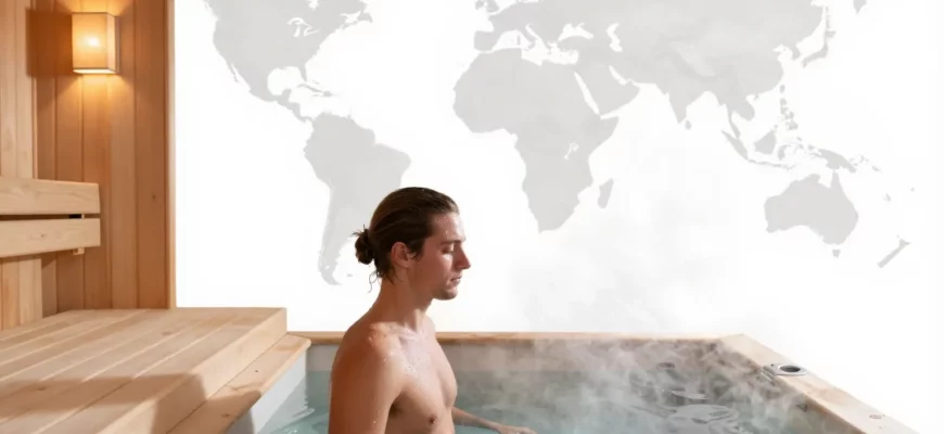 A person standing in a traditional wooden sauna with steam, then stepping into a cold plunge pool, with a subtle globe or world map background indicating global reach, all in a balanced composition, no text or symbols