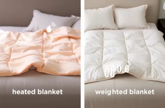 A side-by-side comparison of a heated blanket and a weighted blanket on a cozy bed. The heated blanket should have a subtle glowing effect and a small heat icon, while the weighted blanket should show evenly distributed fabric with a subtle weight symbol. No text or labels, just visual contrast between the two blankets.