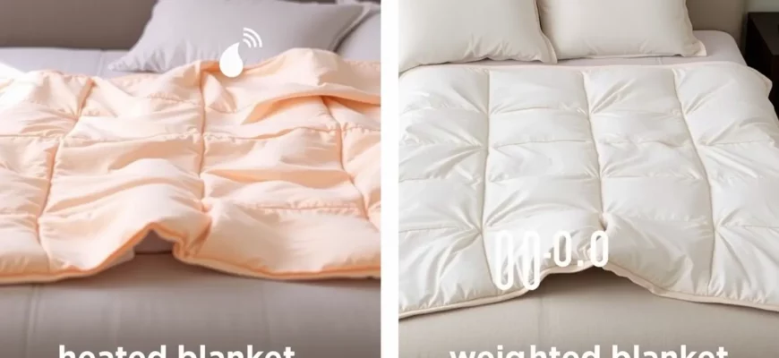 A side-by-side comparison of a heated blanket and a weighted blanket on a cozy bed. The heated blanket should have a subtle glowing effect and a small heat icon, while the weighted blanket should show evenly distributed fabric with a subtle weight symbol. No text or labels, just visual contrast between the two blankets.