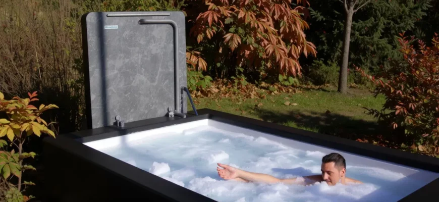 A modern cold plunge pool in a serene outdoor setting with a person stepping into icy water, surrounded by autumn foliage, capturing the chill vibe of October