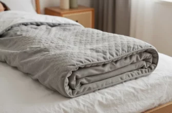 A cozy bedroom scene showing a person relaxing under a neatly folded weighted blanket on a bed, with soft lighting and calm atmosphere