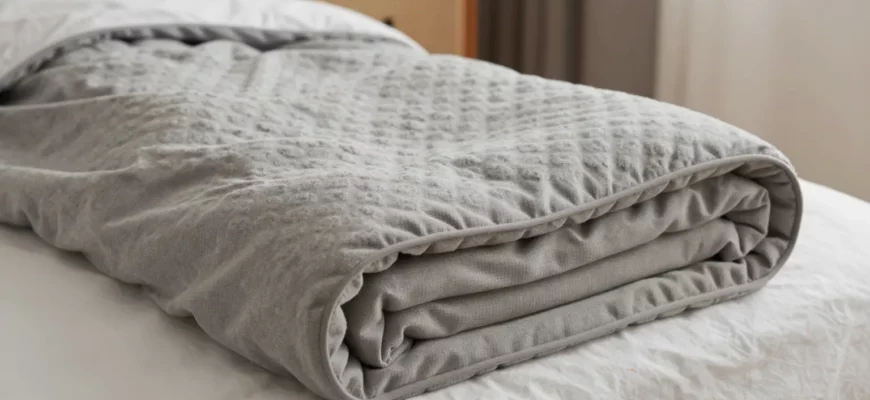 A cozy bedroom scene showing a person relaxing under a neatly folded weighted blanket on a bed, with soft lighting and calm atmosphere