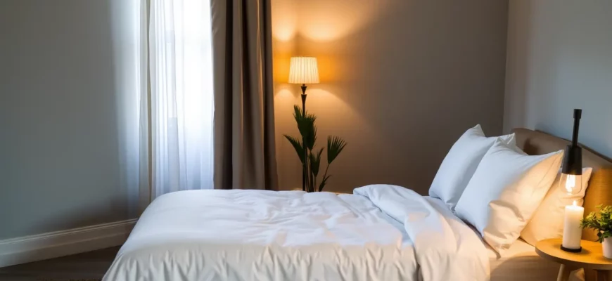 A serene, softly lit bedroom interior featuring a plush, low-profile bed with crisp white linens, a small wooden nightstand holding a single candle, a gently draped sheer curtain, and a subtle, warm glow from a bedside lamp. The room should convey calmness and tranquility, with muted earth tones and natural textures such as a woven rug and a potted plant. No visible furniture or décor beyond the described elements, and no people or text in the scene.