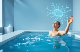 A person standing in a cold plunge pool, shivering, with a stylized representation of dopamine molecules and neural pathways emerging from the brain, showing rewiring effect. The scene is set in a modern, minimalist spa environment with icy water, light reflections, and subtle blue tones. The person is in a relaxed pose, arms slightly raised, showing the shiver. The background includes a faint overlay of brain circuitry highlighting dopamine pathways.