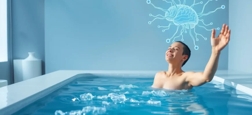 A person standing in a cold plunge pool, shivering, with a stylized representation of dopamine molecules and neural pathways emerging from the brain, showing rewiring effect. The scene is set in a modern, minimalist spa environment with icy water, light reflections, and subtle blue tones. The person is in a relaxed pose, arms slightly raised, showing the shiver. The background includes a faint overlay of brain circuitry highlighting dopamine pathways.