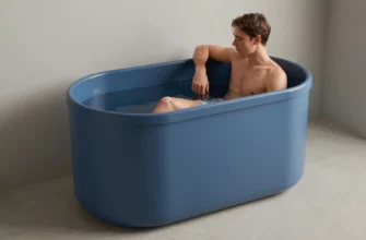 A sleek, modern BlueCube cold plunge tub in a contemporary home spa setting, with a person standing beside or partially submerged in the tub, wearing minimal clothing, the tub's blue color and smooth edges highlighted, calm cool atmosphere, subtle lighting, no clutter.