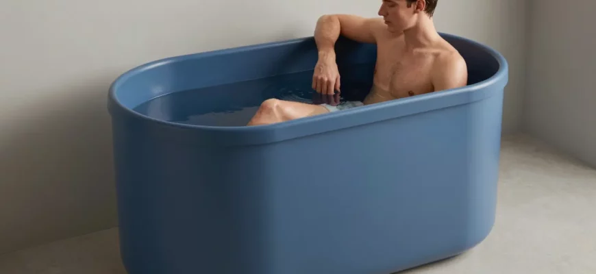 A sleek, modern BlueCube cold plunge tub in a contemporary home spa setting, with a person standing beside or partially submerged in the tub, wearing minimal clothing, the tub's blue color and smooth edges highlighted, calm cool atmosphere, subtle lighting, no clutter.