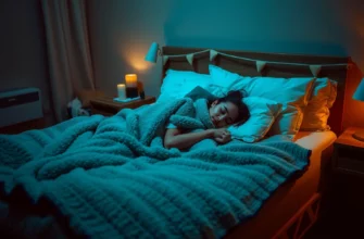 A cozy bedroom scene with a person peacefully sleeping on a bed covered by a soft, plush weighted blanket, warm ambient lighting, and a calm atmosphere